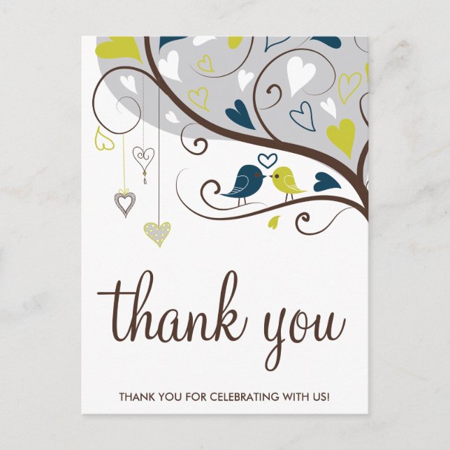 Blue & Olive | Cute Lovebirds Thank You Postcard (Front)