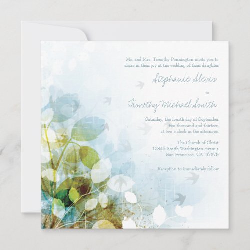 Blue olive green foliage birds wedding invitation