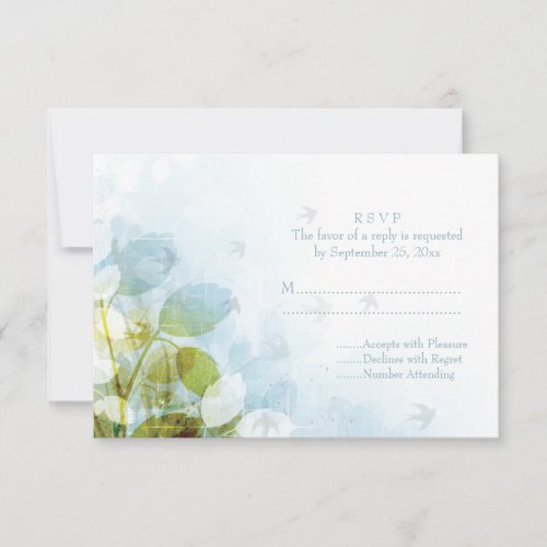 Blue olive green foliage birds wedding RSVP card