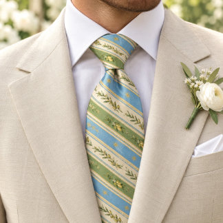 Blue Olive Green Ivory Mediterranean Botanical Neck Tie
