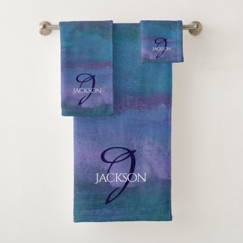 Blue Ombre Abstract  Teal Violet Purple Monogram Bath Towel Set