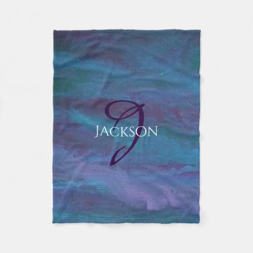 Blue Ombre Abstract  Teal Violet Purple Monogram Fleece Blanket