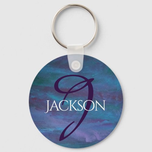 Blue Ombre Abstract  Teal Violet Purple Monogram Keychain