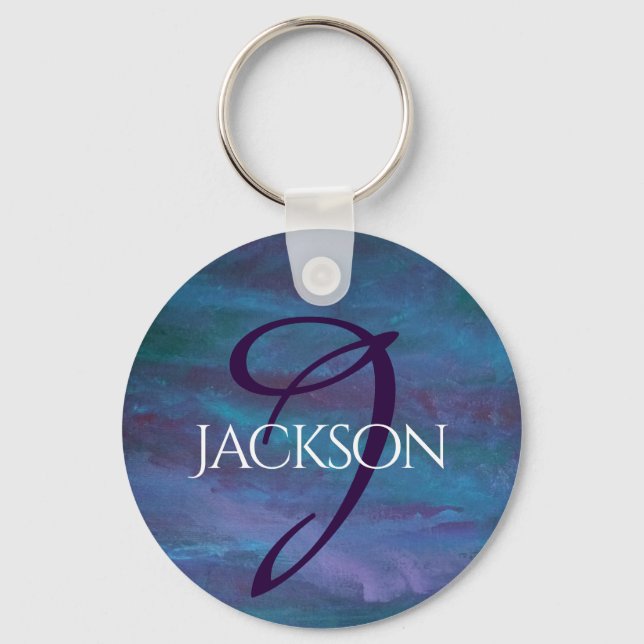 Blue Ombre Abstract | Teal Violet Purple Monogram Keychain (Front)