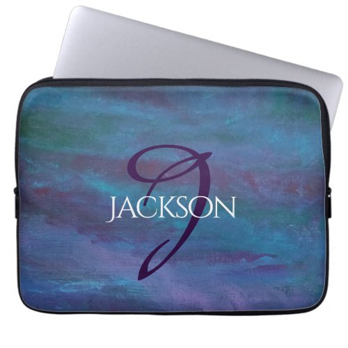 Blue Ombre Abstract  Teal Violet Purple Monogram Laptop Sleeve
