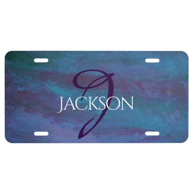 Blue Ombre Abstract | Teal Violet Purple Monogram License Plate (Front)