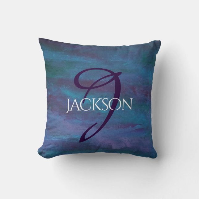 Blue Ombre Abstract | Teal Violet Purple Monogram Throw Pillow (Front)
