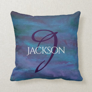 Blue Ombre Abstract   Teal Violet Purple Monogram Throw Pillow