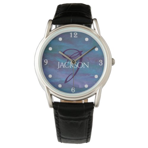 Blue Ombre Abstract  Teal Violet Purple Monogram Watch