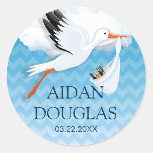 Blue Ombre Chevron Baby Name Classic Round Sticker