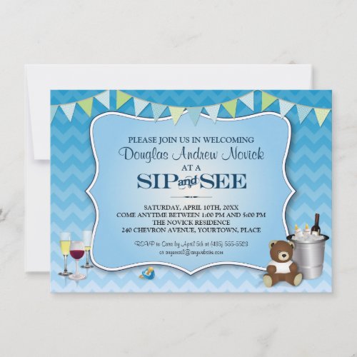 Blue Ombre Chevron Baby Sip and See Custom Invitations