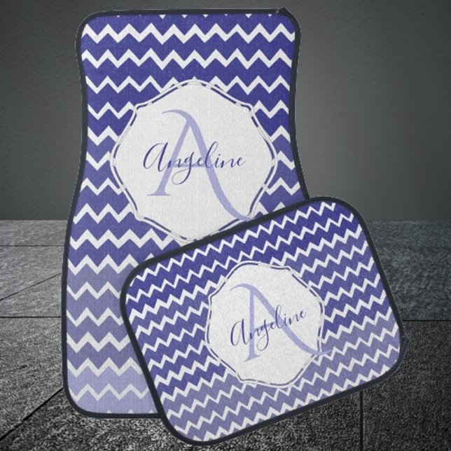 Blue Ombre Chevron Monogram Car Floor Mats (Blue Ombre Chevron Monogram Personalized Car Mats)