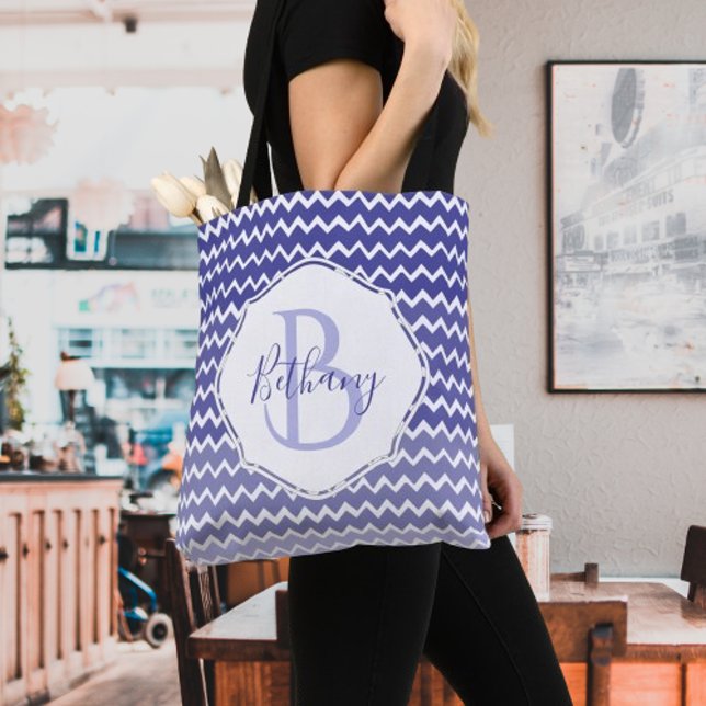 Blue Ombre Chevron Personalized Tote Bag (Blue Ombre Chevron Personalized Monogram Tote Bag)