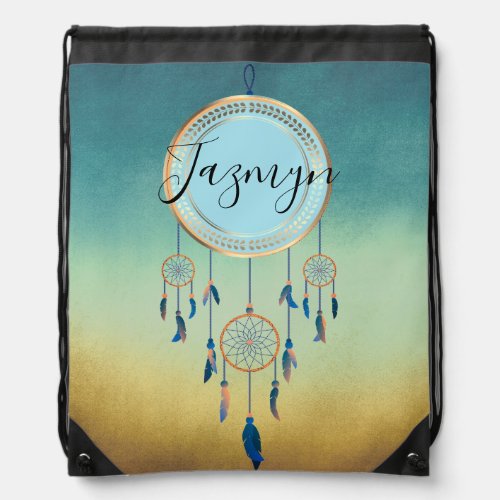 Blue Ombre Chic Personalized Dreamcatcher  Drawstring Bag