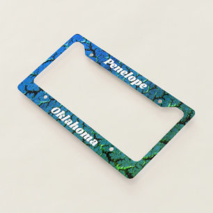 Blue Ombre Cracked Fractal with Name and State License Plate Frame