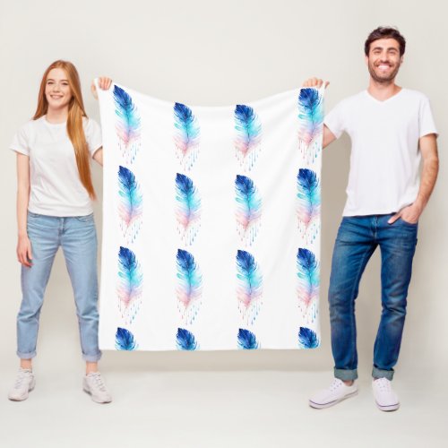 Blue Ombre Feather Watercolor Fleece Blanket