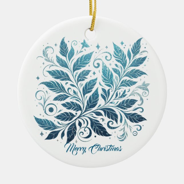 Blue Ombre Filigree Leaf Pattern Ceramic Ornament (Front)