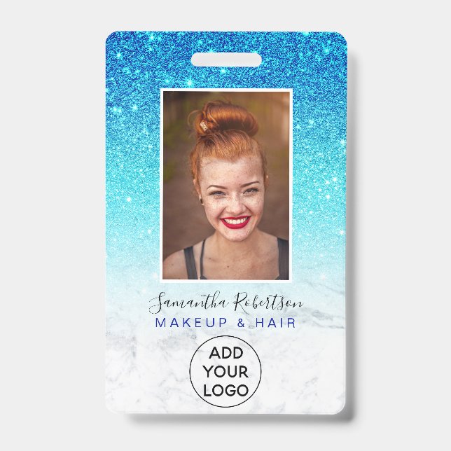 Blue ombre glitter marble logo employee photo badge (Front)