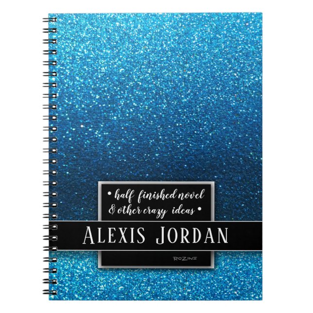 Blue Ombre Glitter Sparkles Black White Monogram Notebook (Front)