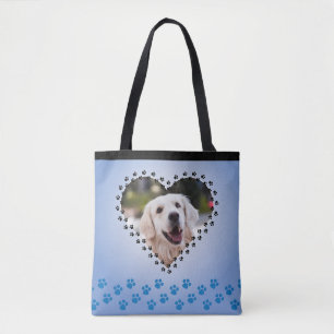 Blue Ombre Heart Paw Prints Custom Dog Mom Tote Bag