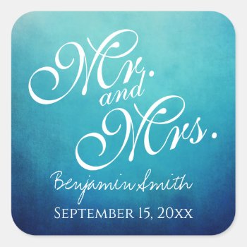 Blue Ombre Mr And Mrs Wedding Favor Tag Stickers by CustomWeddingSets at Zazzle