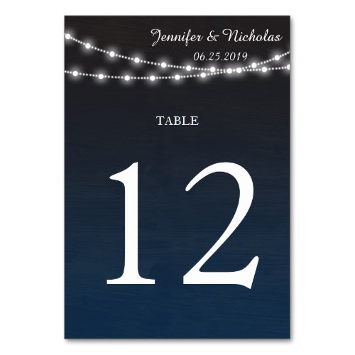 Blue Ombre n Lights Wedding Reception Table Number