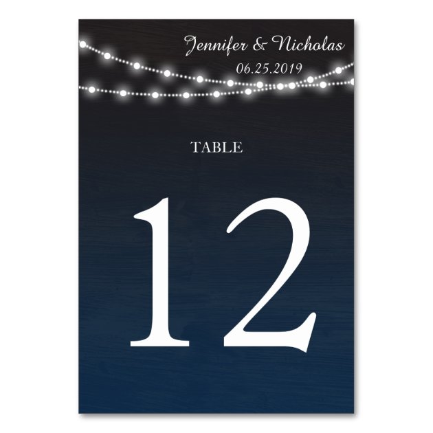 Blue Ombre N Lights Wedding Reception Table Number Card