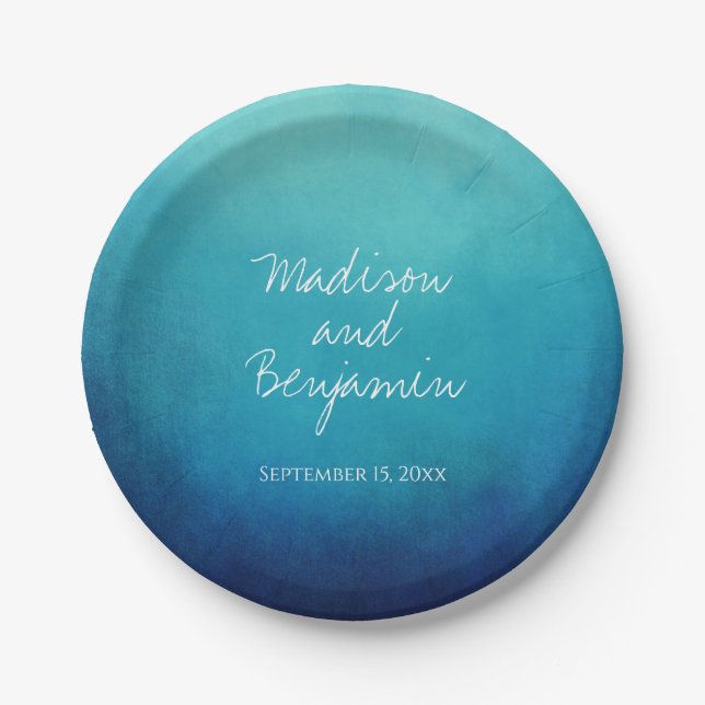 Blue Ombre Personalized Wedding Cake Plates (Front)