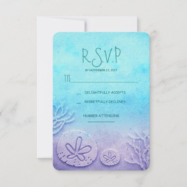 blue ombre sand dollar beach wedding RSVP cards (Front)