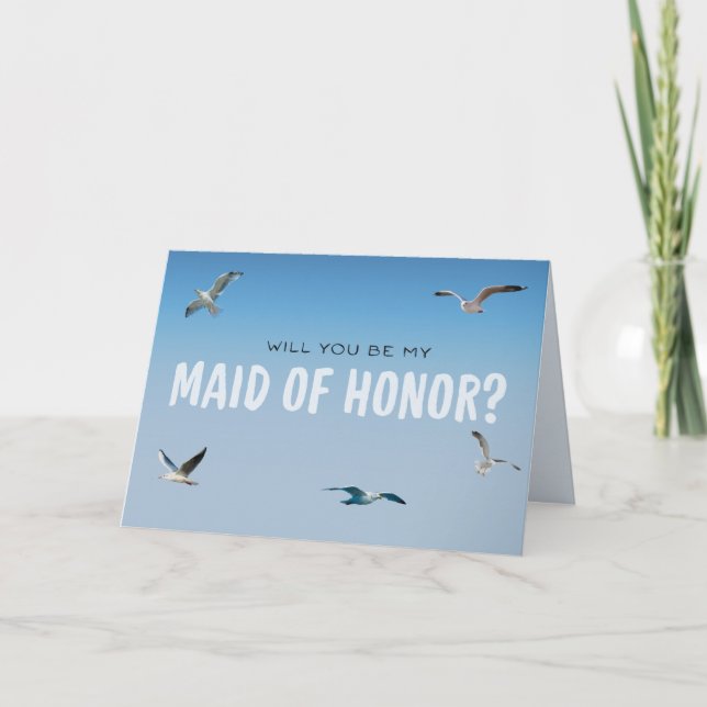 Blue Ombre Seagulls Coastal Maid of Honor Proposal Card (Front)