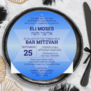 Blue Ombre Star of David Hebrew Name Bar Mitzvah Invitation