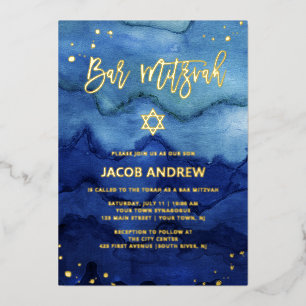 Blue Ombre Watercolor and Gold Bar Mitzvah Foil Invitation