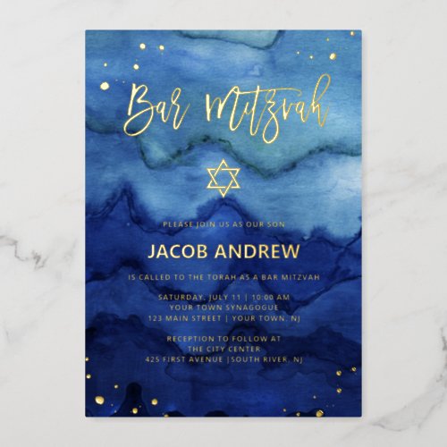 Blue Ombre Watercolor and Gold Bar Mitzvah Foil Invitation