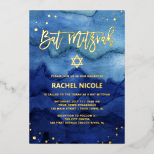 Blue Ombre Watercolor and Gold Bat Mitzvah Foil Invitation