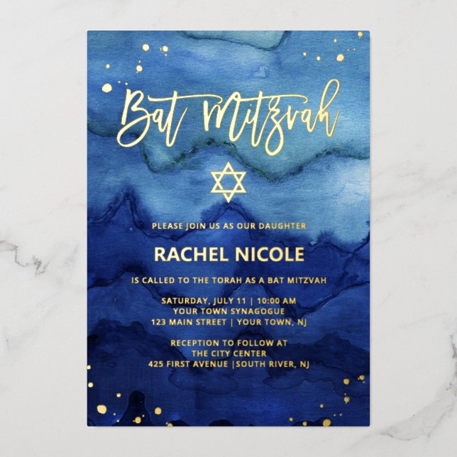 Blue Ombre Watercolor and Gold Bat Mitzvah Foil Invitation (Front)