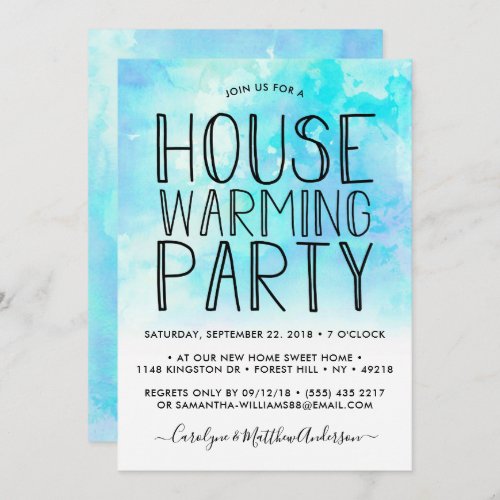 Blue Ombre Watercolor Housewarming Party Invitation