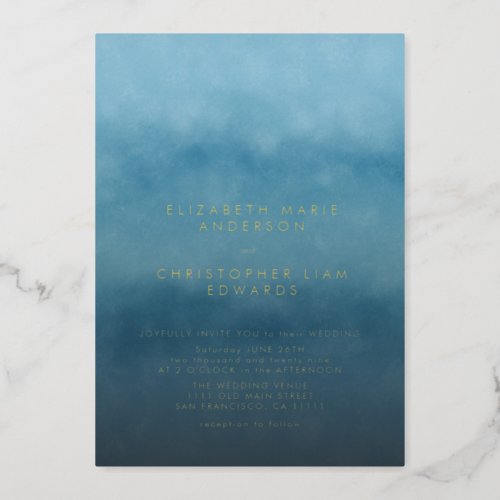 Blue Ombre Watercolor Minimalist Wedding Gold Foil Invitation