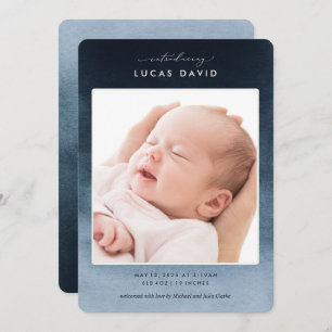 Blue Ombre Watercolor Photo Birth Announcement