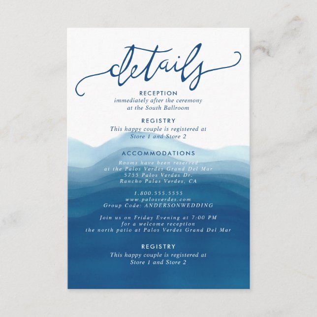 Blue Ombre Watercolor Wave Hand-Lettering Details Enclosure Card (Front)