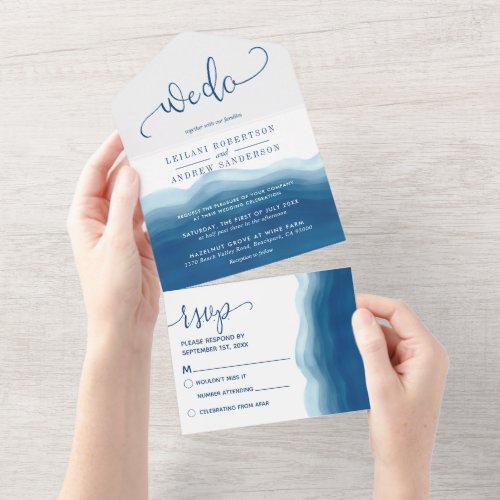 Blue Ombre Watercolor Wave We Do Wedding  All In One Invitation