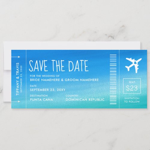 Blue Ombre Wedding Boarding Pass Save the Date Announcement