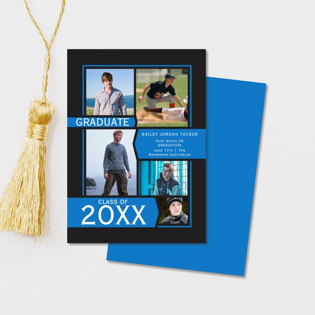 Blue on Black 5-Photo Collage Graduation Announcement (Creator Uploaded)