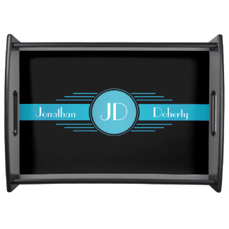 Blue on Black Art Deco Monogrammed Serving Tray