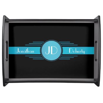 Blue On Black Art Deco Monogrammed Serving Tray by tjustleft at Zazzle