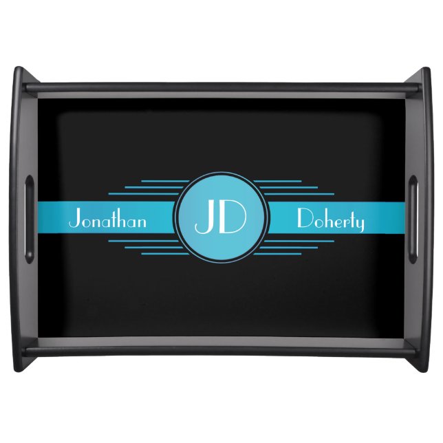 Blue on Black Art Deco Monogrammed Serving Tray (Front)