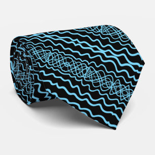 Blue On Black Curvy Twisty Line Drawing Pattern Neck Tie