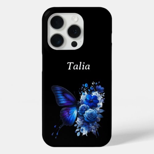 Blue on Black Floral Butterfly Personalized iPhone 15 Pro Case