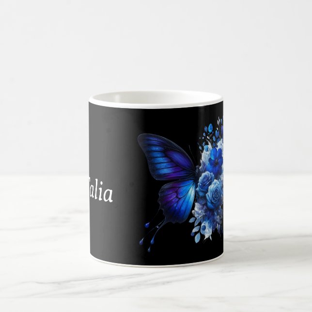 Blue on Black Floral Butterfly Personalized Coffee Mug (Center)