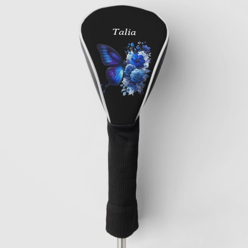 Blue on Black Floral Butterfly Personalized Golf Head Cover