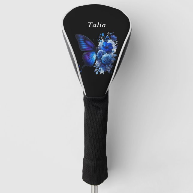Blue on Black Floral Butterfly Personalized Golf Head Cover (Front)